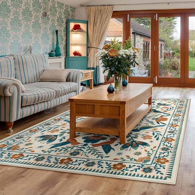 Morebes Floral Washable 5x7 Nursery Rug, Boho Insect Living Room Rug Non Slip, Vintage Jungle Bird Rug for Bedroom, Indoor Plant Floor Carpet for Playroom Foyer, Beige/Multi