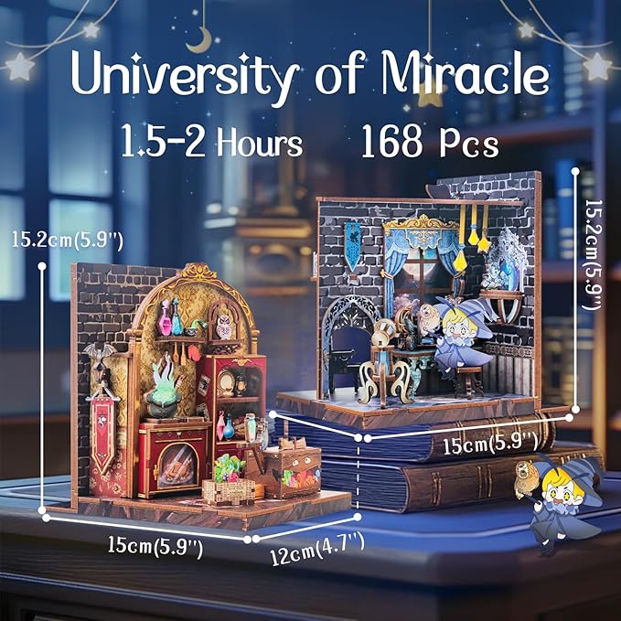 Cutefun 2Pcs Book Nook Kit, DIY 3D Wooden Puzzles for Adults and Teens, Bookends Decorative for Shelves Book Nook Kits for Adults, Bookshelf Decor Gifts for Friend (University of Miracle)