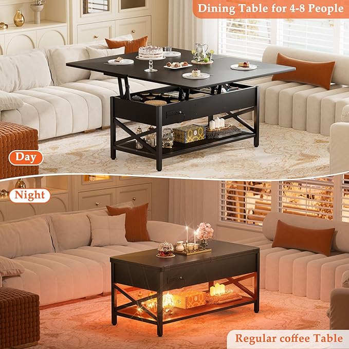 Aheaplus Coffee Table Lift Top Multi-Function Coffee Table Converts to Dining Table, with LED Light and Power Outlet, Center Table with Shelves for Living Room Reception Home Office, Black