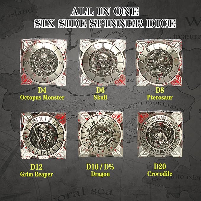 6 Sided Spinner DND Dice - Metal D4 D6 D8 D10 D10% D12 D20 All in One D&D Set - Cool Role Playing Gifts for Dungeons and Dragons TRPG MTG Games Lover Players (6 Sided-Bloodstained)