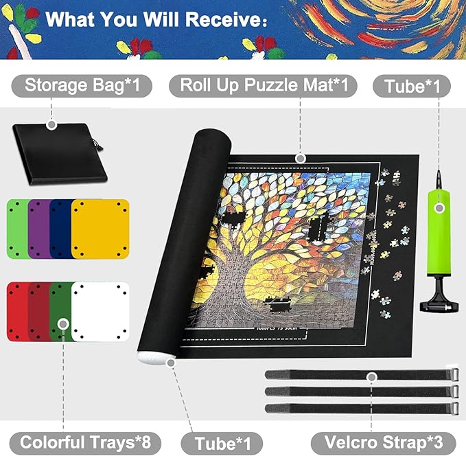 Napzy Puzzle Mat Rollup for Jigsaw Puzzles Storage Matt Roll Up Puzzle Board Saver with 8 Sorting Trays 1 Drawstring Bag Puzzle Table for Up to 1500 PCS