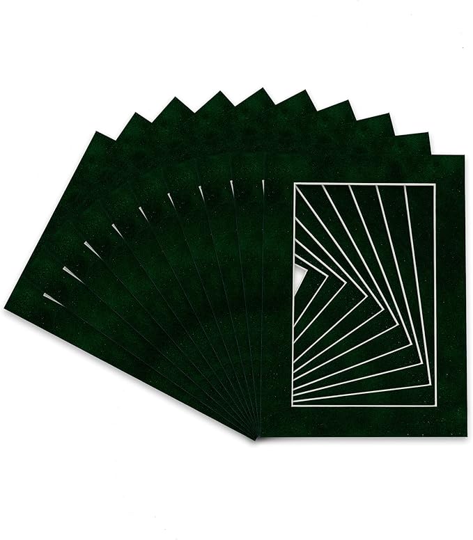 Pack of TEN 11x14 Mats Bevel Cut for 8.5x11 Photos - Acid Free Green Suede Precut Matboards For Pictures, Photos, Framing - 4-ply Thickness