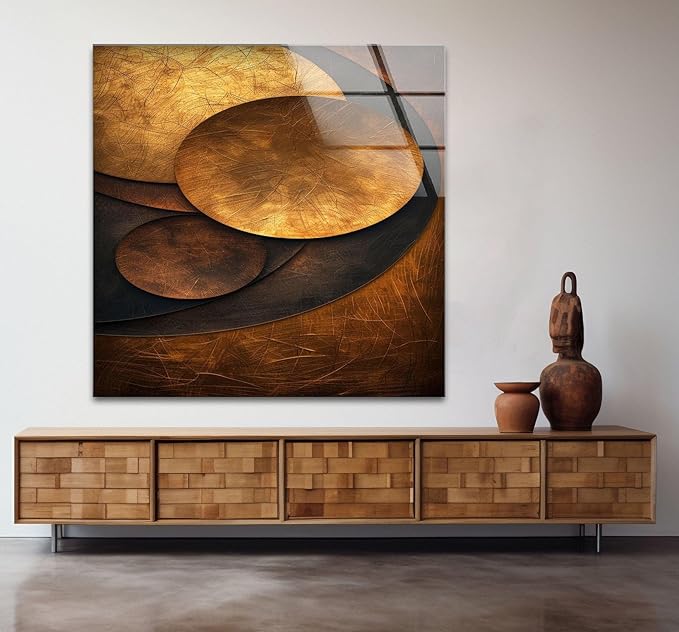 My Photostation.com Round 24'' Bronze Art Deco Geometric Motifs Glass Wall Art Tempered Glass Printing Wall Decor Large Wall Art Wall Hangings