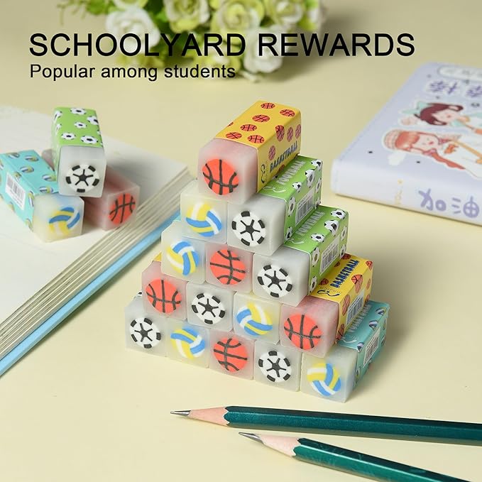 HILAZA 18Pcs Cute Sports Ball Erasers for Kids Bulk, Fun Basketball Soccer Volleyball Pencil Jelly Erasers for School Classroom Supplies Prize Gifts Party Favors