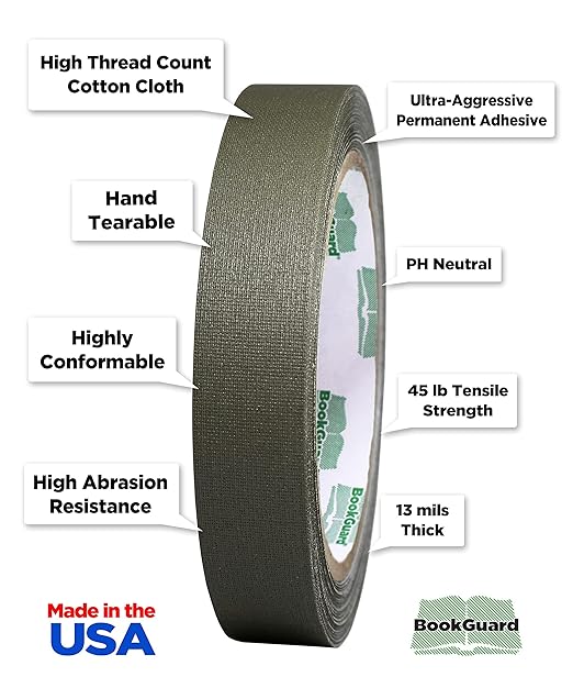 BookGuard 0.75 inch Premium Bookbinding Repair Cloth Tape, 15 Yard Roll, Olive