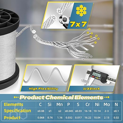 316 Stainless Steel Cable, 1000FT 1/32IN Wire Rope with 250Pcs Aluminum Sleeves Stops, for String Lights Hanging, Clotheslines, Trellis Wire