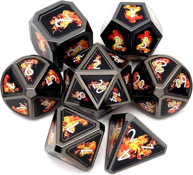 Haxtec Fire Bolt Real Scene Metal DND Dice Set Black Polyhedral Metal Dice for D&D Compatible with Dungeons and Dragons Gifts TTRPG Games-Dark Fire