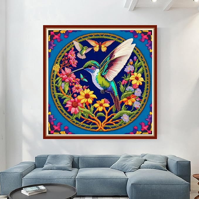Dimensean Stamped Cross Stitch Kits Full Range of Embroidery Patterns Starter Kits for Beginners Adult or Kids DIY Cross Stitches Needlepoint Kits 11CT-Hummingbirds Gather Honey 17.7x17.7 inch
