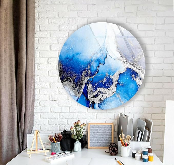 My Photostation.com 39,4''(100cm) Diameter Blue Marble Round with Silver Details Glass Wall Art Tempered Glass Printing Wall Decor Large Wall Art Wall Hangings