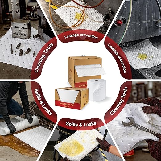 Oil Absorbent Pads Roll | 16"x20" Oil-Only Spill Mat 100-Pack | Industrial Spill Control for Oil & Fuel(16 Gal/Box) | Repels Water Absorbing Rolls