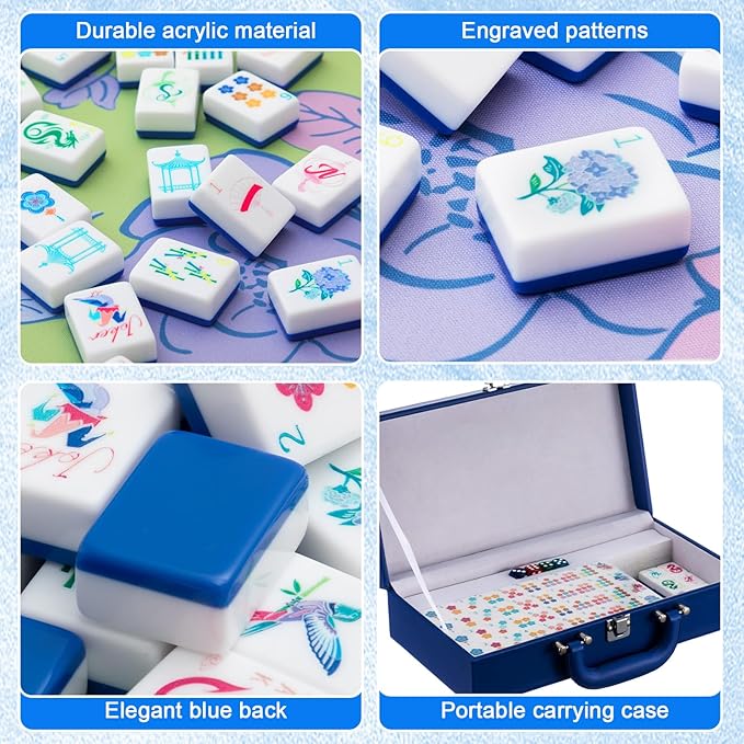 American Mahjong Set 168 Blossom Acrylic Numbered Tiles, 4 All-in-One Rack/Pushers, 4 Dice, Blue Tiles Bag and Portable Travel Case Classic Full Size Complete Mahjongg Game Set