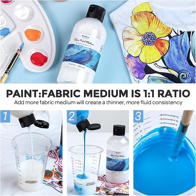Nicpro Professional Effects Fabric Medium, 8.45oz Bottle Fabric Painting Acrylic Fluid Medium, Improves Acrylic Paint Adhesion to Fabrics, Textiles for Fabrics DIY Clothing, T-shirts, Shoes Jeans Bags