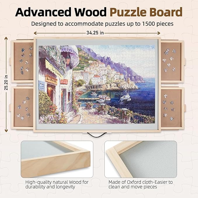 ALL4JIG 1500 Pieces 2-in-1 Tilting & Rotating Puzzle Board for Adults Gifts, Wooden Jigsaw Puzzle Table with 4 Drawers, Portable Board with Lazy Susan and Cover, 25.2" x 34.2"