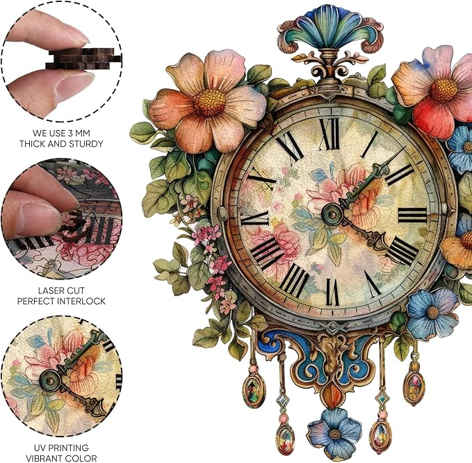 Wooden Jigsaw Puzzles, Flower Clock Wooden Puzzles for Adults 200 Pieces, Unique Shaped Wood Puzzle, Beautiful Package, Best Gift for Adults and Kids, Family Game,12.2'' x 10.6''