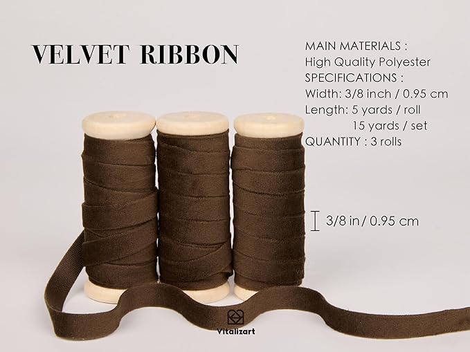 Vitalizart Brown Velvet Ribbon Set 3/8" x 15 Yd Wooden Spool Fabric Trim 3 Rolls * 5 Yd for Christmas Wreath Decoration Handmade Craft Ornaments Gift Wrapping & Bow Making
