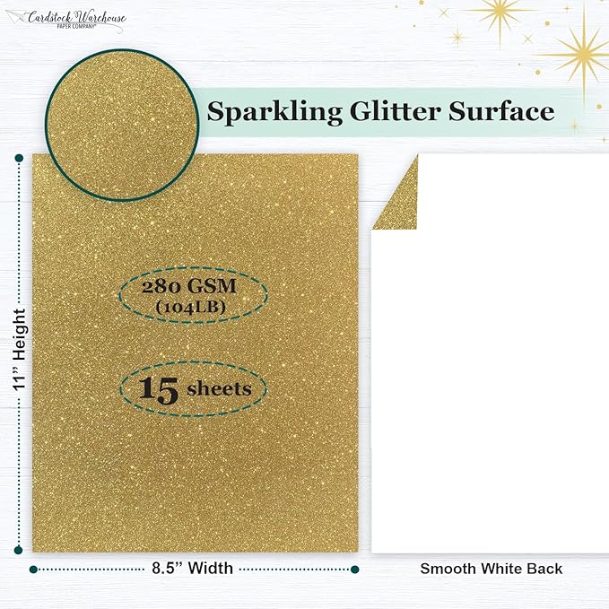 Cardstock Warehouse Diamond Print Inkjet Glitter - Premium Gold Glitter Cardstock Paper – 15 Sheets, 8.5 x 11" - 104 lb/280 GSM for Inkjet Printing, Die-Cutting, Card Making, Crafts, and DIY Projects