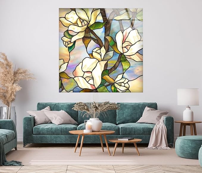 My Photostation.com 30Wx35.5H'' Stained Magnolia Glass Wall Art Tempered Glass Printing Wall Decor Large Wall Art Wall Hangings