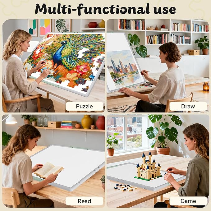 2000 Pieces Puzzle Board 3-in-1 Double-Sided & Rotating & Tilting, Plastic Puzzle Table with Sorting Boxes and PVC Cover, Portable Lazy Susan Jigsaw Puzzle Board for Adults, Gray Green