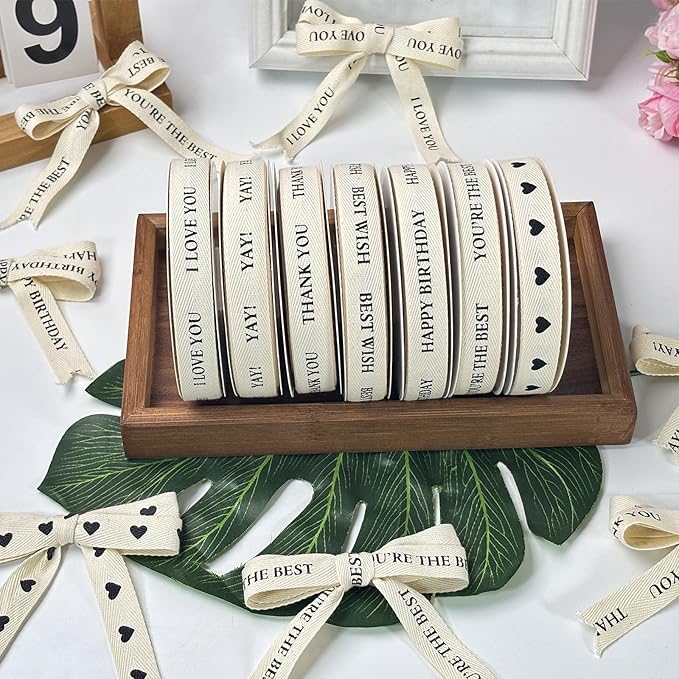 Cotton Herringbone Ribbon - Natural Twill Tape for Custom Gift Wrapping & DIY Crafts-5/8 Inch x 15 Yards - Best Wish Printed Phrase
