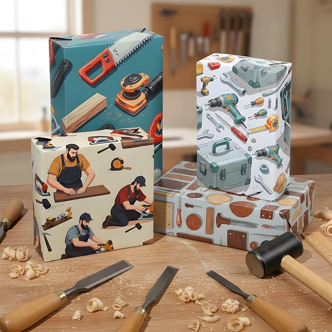 Pineraap 12 Sheets Carpenter Wrapping Paper, Woodworking Tools & Craftsman Printed Gift Wrap Decorative Craft Paper for DIY Projects, Birthdays, Father's Day, or Handyman Celebrations, 20 x 28 inch
