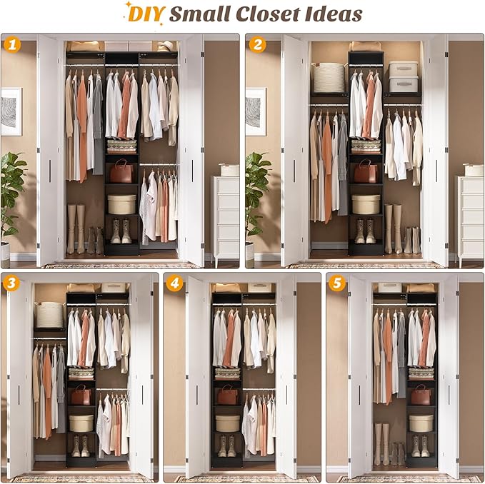 48" Small Closet Organizer, 4FT Small Closet System with 4 Closet Rods & 3 Shelves, 80"H Small Closet Organizers and Storage for Small Bedooms, Cloakrooms, Laundry Rooms, Black