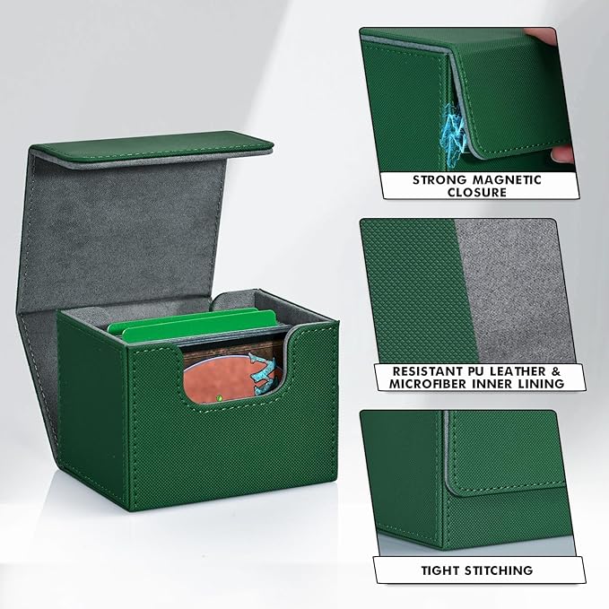 ZLCA Card Deck Box for Trading Cards, MTG Commander Deck Box Holds 120+ Single Sleeved Cards, Leather Magnetic Card Storage Box Fits for TCG CCG Magic Cards (Green)