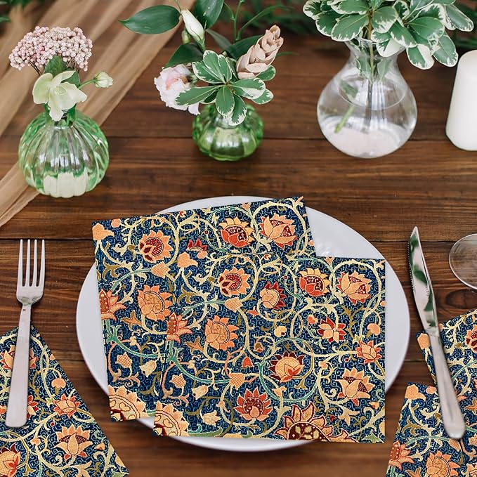 Quera 50 Pack William Morris Cocktail Napkins Vintage Floral Blue Paper Napkins Disposable Dessert Dinner Baby Shower Party Supplies Napkins Decorative -5 X 5 Inches