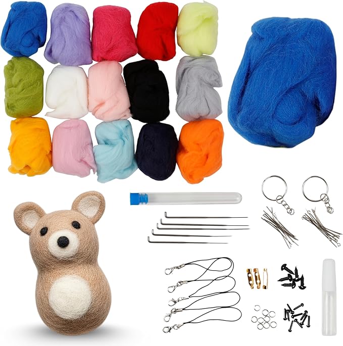 Incraftables Felting Needles Wool Roving Kit - Needle Felting Kit for Beginners, Adults & Kids – Wool Felting Kit with Plastic Eyes, Keychains, Glue & Accessories – 15 Colors