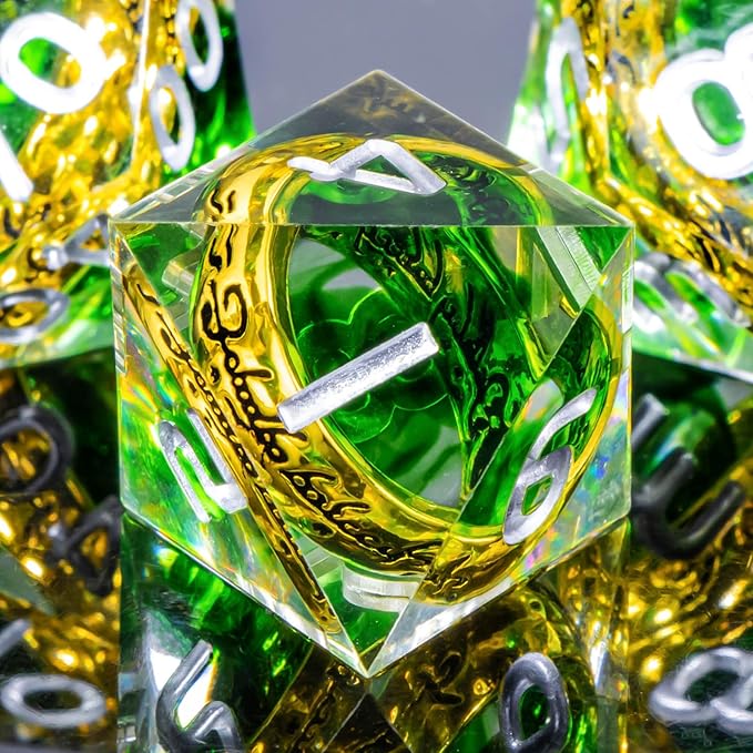 OUKELANWO Magic Lord Rings DND Dice Set with Box, 7Pcs Resin LOTR D&D Dice Set for Role Playing Game, Green Dungeons Dragons D and D Sharp Edge Dice D20 D12 D10 D8 D6 D4