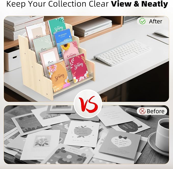 4-Tier Wooden Greeting Card Display Stand, Acrylic Brochure Holder for Retail Counter, Craft Fairs Photo Picture Postcard Organizer Rack, Space-Saving Desktop Display