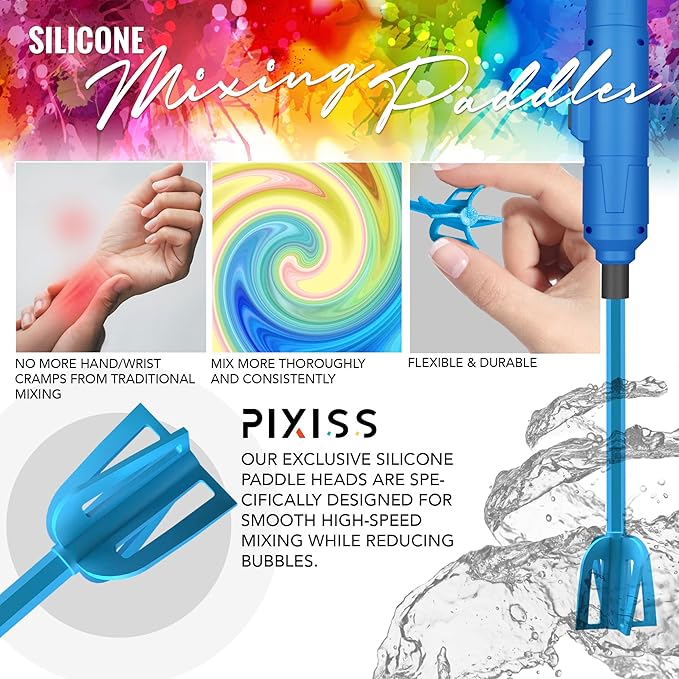 Pixiss Bidirectional Epoxy & Paint Mixer - 3 Reusable Silicone Paddles - Multipurpose Drill Attachment Stirrer