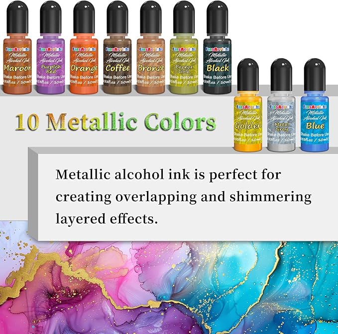 FansArriche Alcohol Inks for Resin, 32 Colors High Concentrated Alcohol Ink Set for Epoxy Resin, Alcohol-Based Resin Ink for Coasters, Fluid Painting Crafts, Tumbler Making, 10 ml Each
