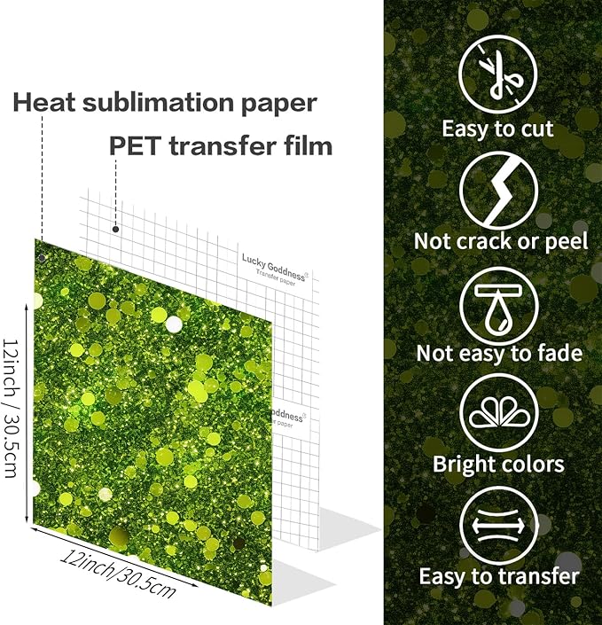 Glitter Sublimation Transfer Sheets for Heat Press Machine,Green P Gold Sublimation Paper for Tumblers Blanks Tshirts,12 Sheets 12x12inch
