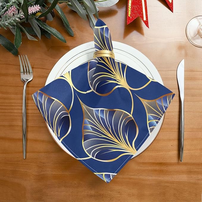 ALAZA Art Deco Floral Royal Blue & Gold Cloth Napkins Set of 4, 20x20 Inch Washable and Reusable Napkin for Decoupage Dinner Party Everyday Use