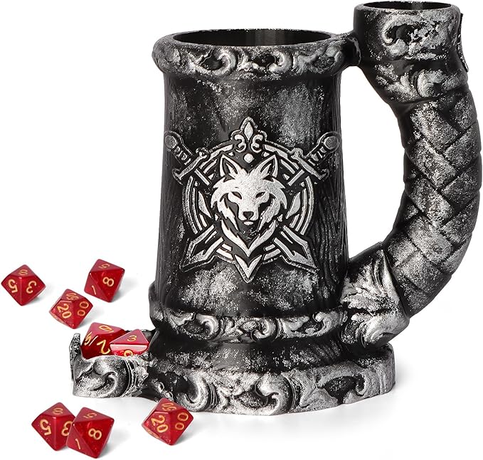 Mug Dice Tower - Dice Rolling Tower,(7PCS D20 Dice Set Included) for DND Gift and Dungeons and Dragon, Tabletop Games, Drink Holder, Tavern Style Board Game Roller (Black)