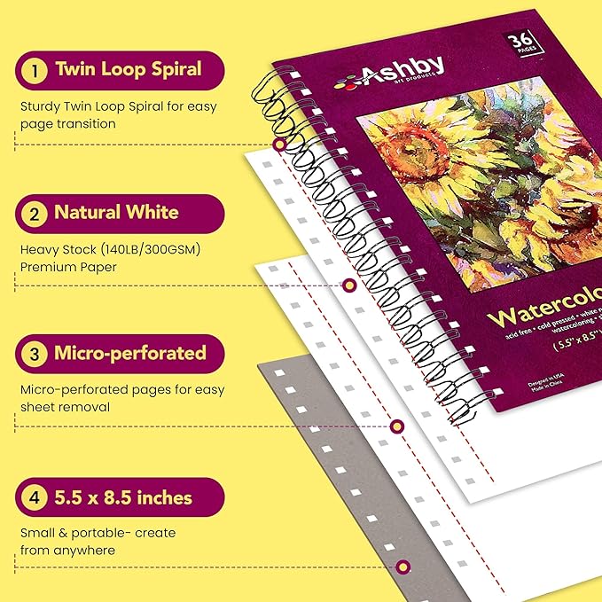 Ashby - 36 Sheets of Premium Watercolor Paper - 140lb / 300 GSM (5.5"x 8.5") - Spiral Bound, Acid-Free, Cold Press, Ideal for Most Wet & Dry Media, Artists & Students