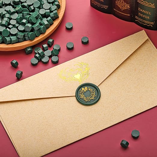 Yoption 360Pcs Olive Green Sealing Wax Beads, Hexagon Wax Seal Beads with 4Pcs Tea Candles and 2 Spoons for Wedding, Christmas, Gift, Envelopes