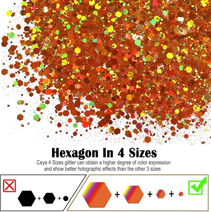Ceya Holographic Chunky Glitter, 4.9oz/ 140g Orange Craft Fall Glitter Powder Mixed Chunky & Fine Flakes Iridescent Sequins for Pumpkin,Nail Art, Hair, Epoxy Resin, Tumblers, Slime, Festival Decor