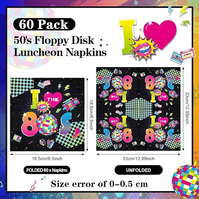 60 Pcs 80s Cocktail Paper Napkins 6.5 x 6.5 Inches Disposable Paper Napkins Dessert Beverage Napkin for Decoupage Luncheon Napkin for Party Wedding Birthday Party