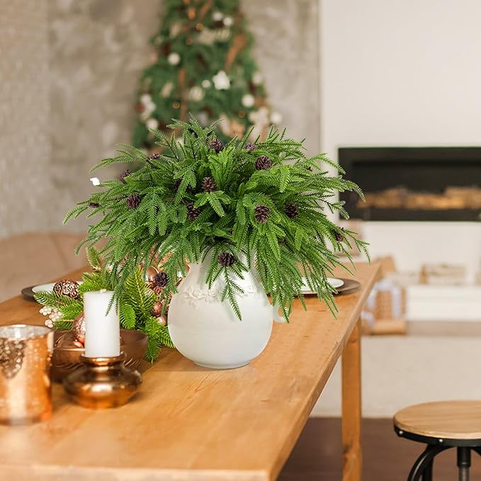 Watayo 15 Pcs Christmas Norfolk Pine Branches with Pine Cones, 19" Extra Length Fake Greenery Norfolk Pine Stems Sprigs, Artificial Xmas Branches Plants Pine Leaves for DIY Craft Garland Home Decor