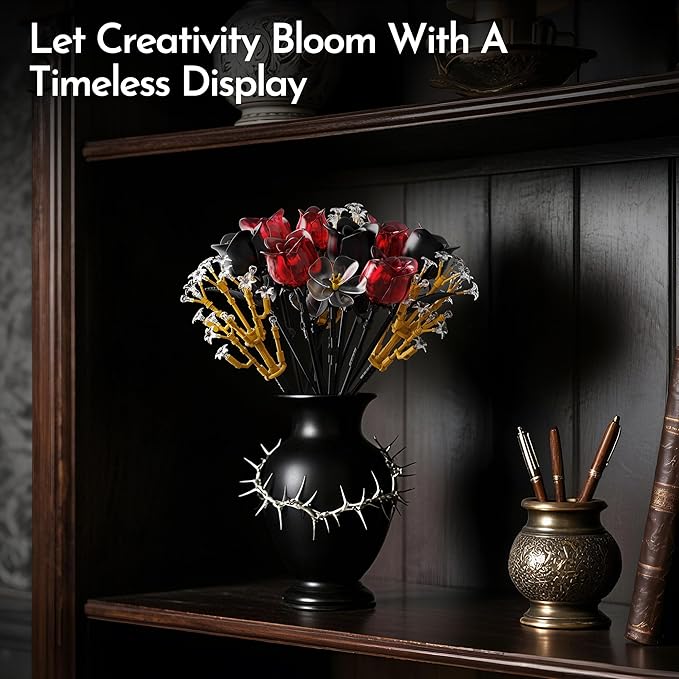 Rose Flower Bouquet Building Set for Adults, Halloween for Women Teen Girlfriend, Artificial Floral Botanicals Collection Gothic Decor for Home or Office (414 PCS)