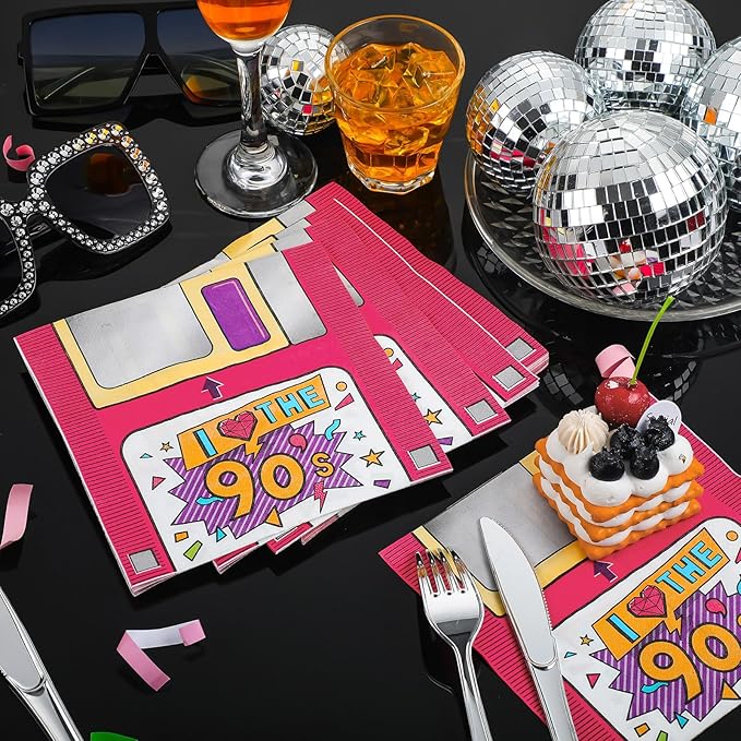 60 Pcs 90s Cocktail Paper Napkins 6.5 x 6.5 Inches Disposable Paper Napkins Dessert Beverage Napkin for Decoupage Luncheon Napkin for Party Wedding Birthday Party
