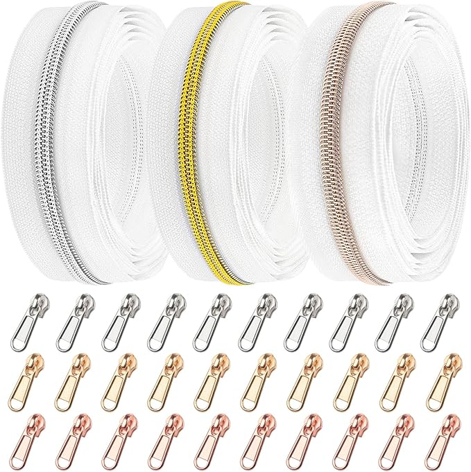 DOITEM 16.5 Yards 3 Pieces Sewing Zippers #5 Nylon Coil Zippers Assorted Zipper for Sewing with 30 Zipper Sliders for DIY Tailor Sewing Crafts Supplies, White