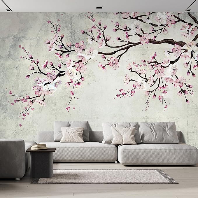 wall26 Large Wall Mural Watercolor Style Ink Painting Pink Cherry Blossom on Vintage Wall Background | Self-Adhesive Vinyl Wallpaper/Removable Modern Wall Decor - 120x144 inches