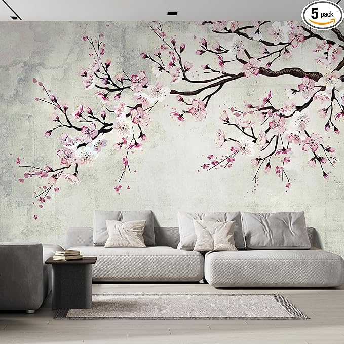 wall26 Wall Sticker/Wall Mural Watercolor Style Ink Painting Pink Cherry Blossom on Vintage, Not Peel and Stick, Non-Woven Wallpaper Decorative for Bedroom, Living Room, Office - 96x120 inches