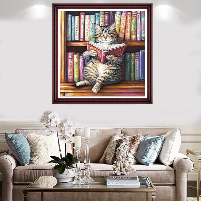 Redxing Stamped Cross Stitch Kits Full Range of Embroidery Starter Kits- Needlepoint Counted Cross Stitch Kits for Beginner Adults 11CT Printed Embroidery Kit-Reading on cat Bookshelf 18x18 inch