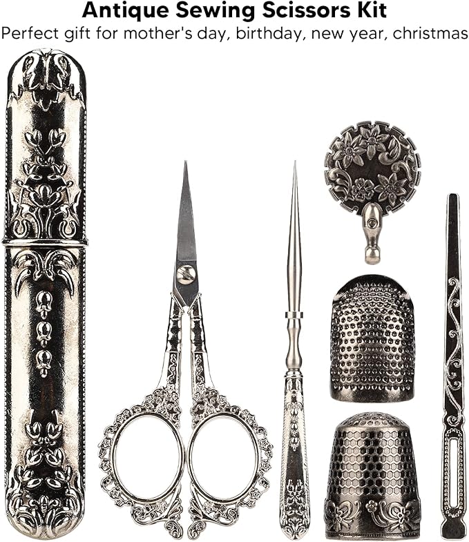 Vintage Embroidery Scissors Set, Comfortable Handle, Stainless Steel, Antique Design, Complete Sewing Kit for Embroidery, Needlework, with Thimble, Threader, and Needle Case