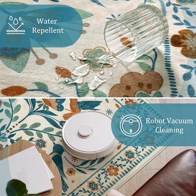 Morebes Floral 9x12 Area Rug for Living Room, Washable Large Rug for Bedroom Non Slip, Soft Boho Vintage Flower Birds Distressed Throw Carpet for Dinning Room Playroom, Beige/Multi