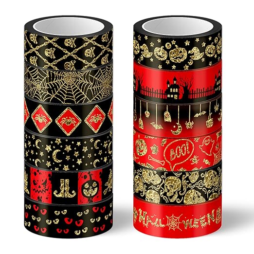 Whaline 12 Rolls Halloween Washi Tapes Red Black Foil Gold Decorative Tapes Skull Spider Web Pumpkin Pattern Masking Tapes for Halloween Scary Scrapbook Journal DIY Craft Gift Wrapping, 9.8Ft
