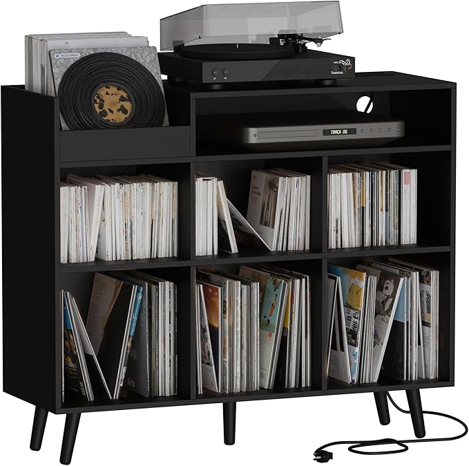Cozy Castle Large Record Player Stand, Vinyl Storage Cabinet Mid Century Modern Turntable Stand Media Console Table Open Shelf Cube CD Album Holder Organizer for Living Room, Office, Black